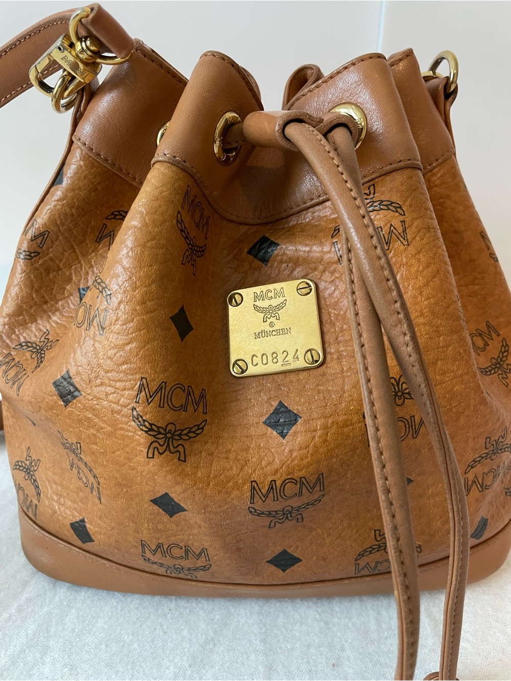 MCM Brown Logo Print Drawstring Bucket Bag w/ Detachable Strap Gold Hardware - Picture 2 of 15